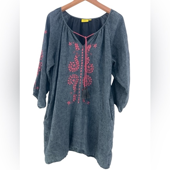 Roller Rabbit Dark Blue Linen Embroidered Cotton Lined Shift Dress with Pockets - Picture 1 of 8